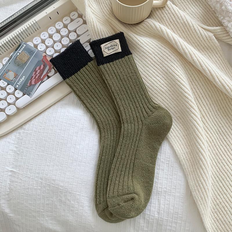 Cotton Knitting Women Socks Fashion Harajuku Retro Lady Girls Plush Thick Long Socks Autumn Winter Solid Color Casual Keep Warm