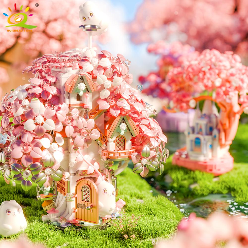 Non-Toxic Diy Discoloration Cherry Blossom Moc Flower Pink Tree House Building Blocks Classic Model Bricks Sets Kid Romantic Gift