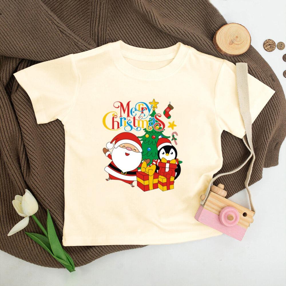 Santa Printed Christmas Kids Shirt Christmas Party Boys Girl Outfit Child Retro Short Sleeve T-shirt Toddler Xmas Holiday Shirts