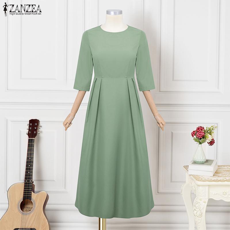 ZANZEA Women Casual Round Neck Solid Color 3/4 Sleeve Long Dress