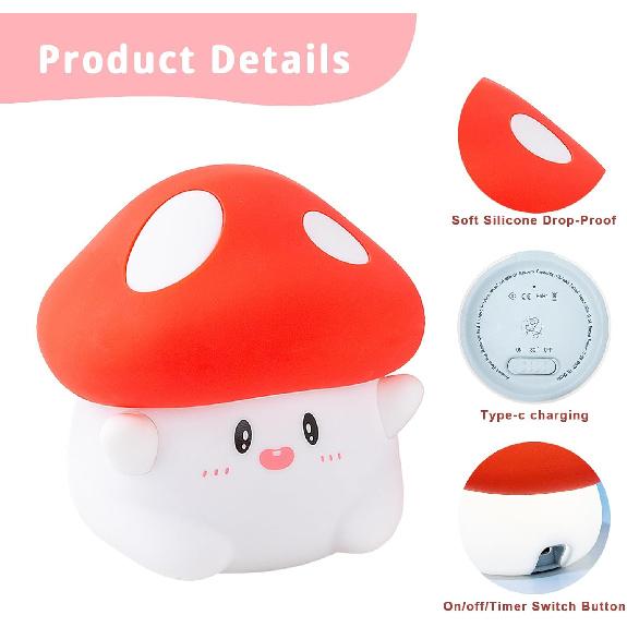 Hug Mushroom Lamp, Cute Mushroom Night Light, 2 Levels Dimmable Night, LED Squishy Night Light for Kids Sleep, Rechargeable Bedside Touch Silicone