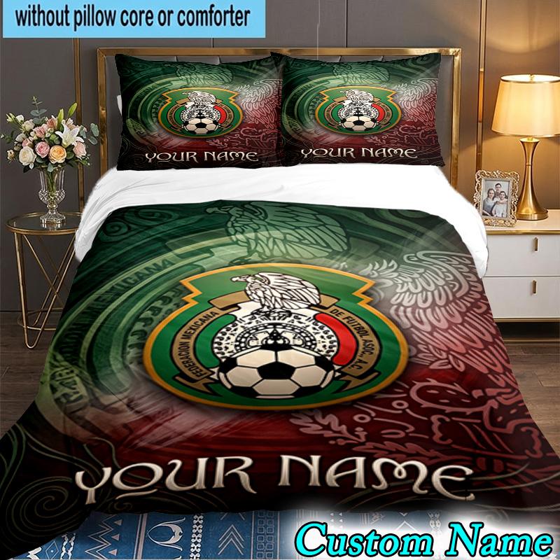 Custom Name Mexico Football Emblem 3PCS Bedding Set For Bedroom Dormitory,Including 1pc Duvet Cover And 2pcs Pillowcases Large size Fan gift