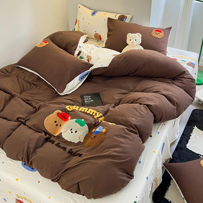 Ins Pink Stripe Bedding Set Towel Embroidery Duvet Cover Set Queen Twin Full Size Bed Flat Sheet Quilt Cover Pillowcases Kawaii