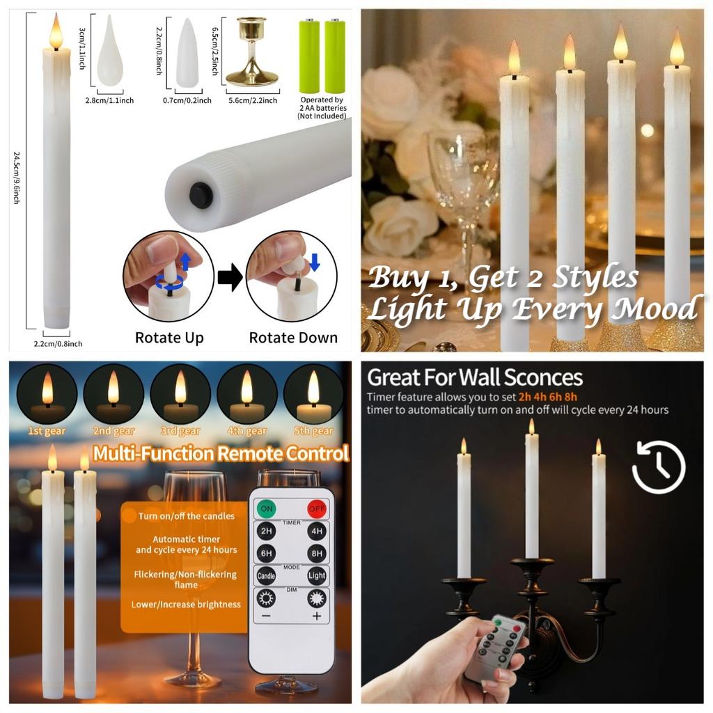 LED Taper Candles with 2/4styles Flameshape Remote Control Battery Operated Candlesticks Flickering Flameless Christmas Lighting