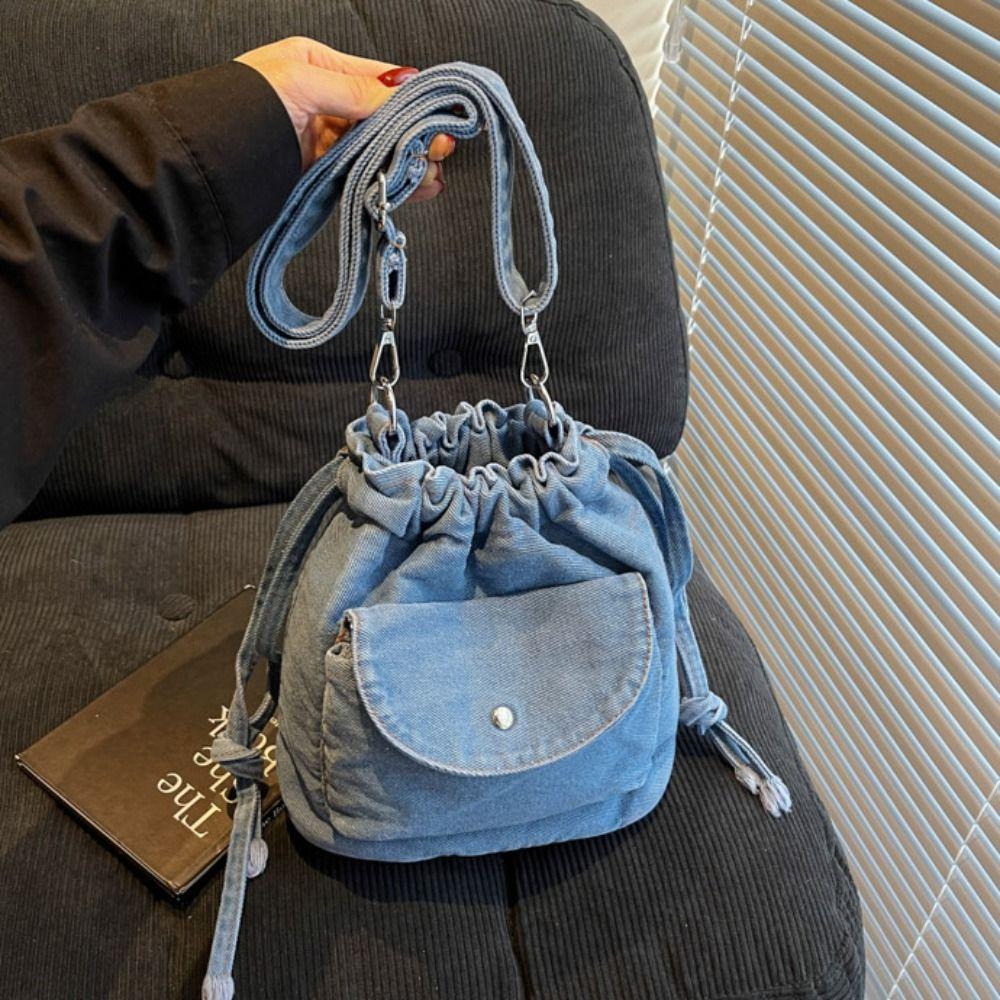 Umhängetasche Kordelzug Beuteltasche Koreanischer Stil Handytasche Retro Denim Umhängetasche Damen