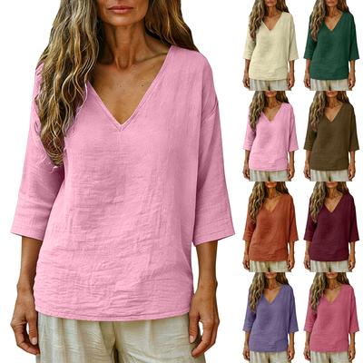 Women's Loose-Fit Fashionable Cotton-Linen -Color V-Neck Casual Top