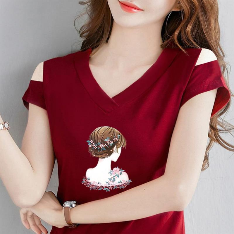 T-shirt Estiva Sottile Monospalla Nera a Maniche Corte da Donna con Spalle Scoperte Scollo a V a Riga Versione Coreana Maglia Base Modellante