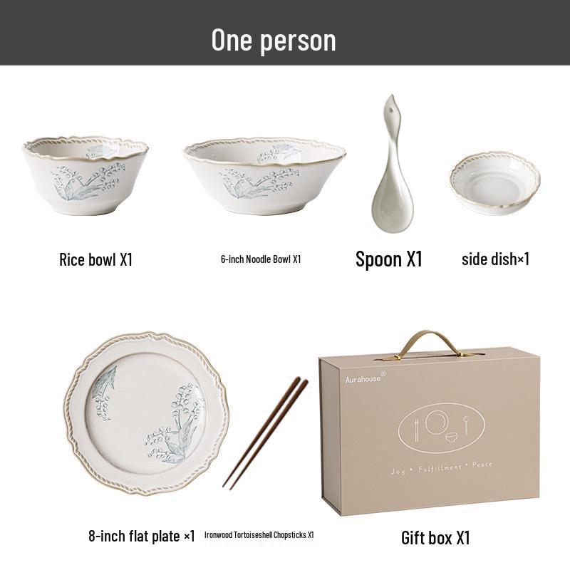 French Retro Lily of the Valley Tableware Set: Ceramic Dinner Plates, Rice Bowls, Steamed Fish Plates, and Household Dish Set.