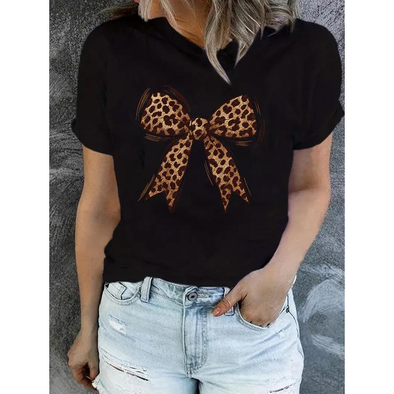 European Size Women'S White Leopard Print Bow Accent T-Shirt-Casual Round Neck Short Sleeve with Brown Bow&Leopard Spot Design, Comfortable T-Shirt