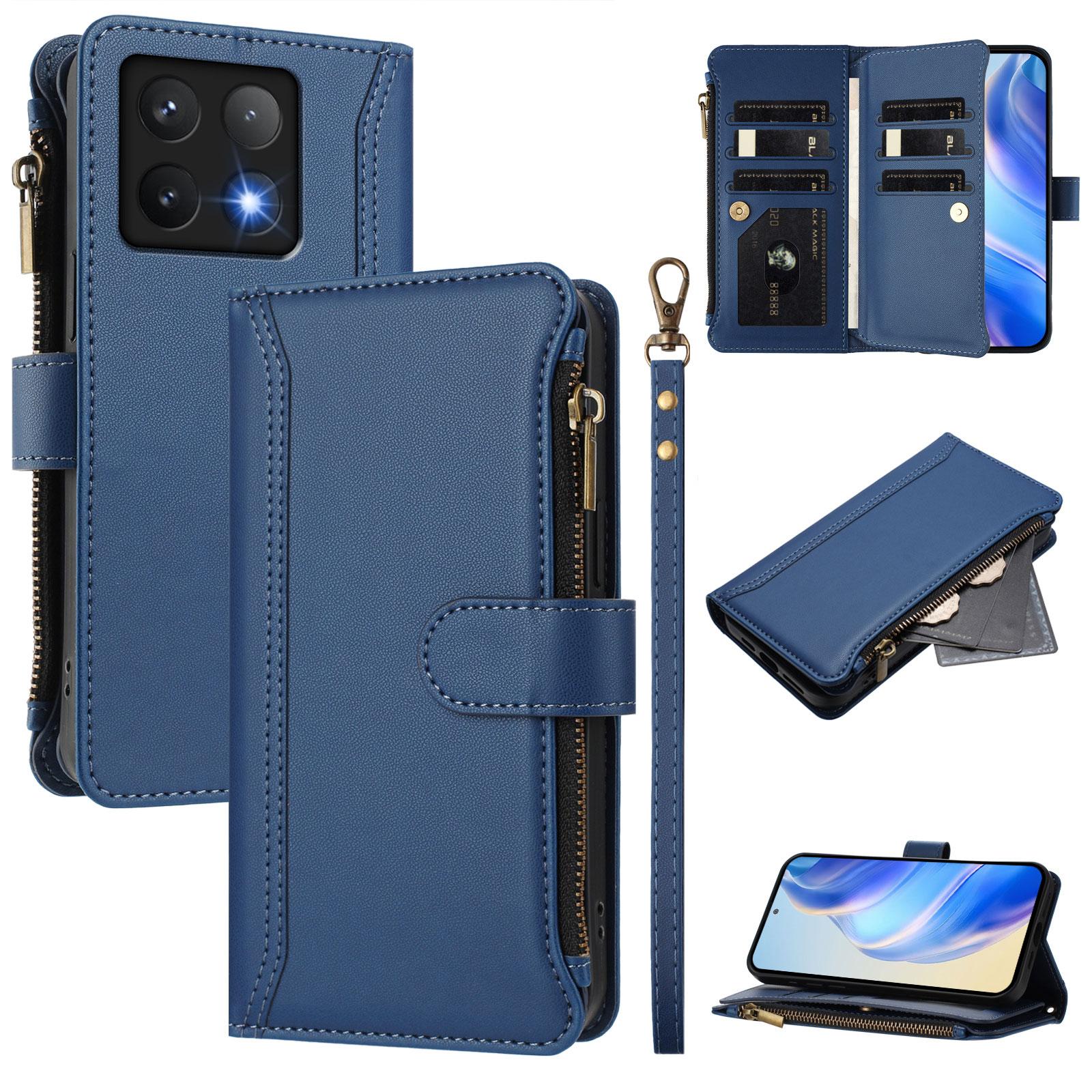 

For Xiaomi 14T Leather Case 9 Card Slots Zipper Wallet Stand Phone Cover with Wrist Strap Dark Blue