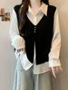 Women's Plus Size French Style Tummy Concealing Two-Piece Long Sleeve Vest Shirt