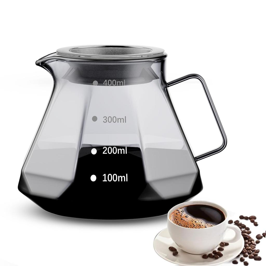 ESTVLB 400ml Heat-Resistant Glass Coffee Server with Graduations, Serves 1-2 People, Microwave Safe, with Lid, Hand Drip Coffee Server, Coffee Drip