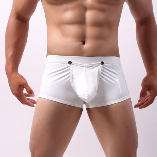 Men Sexy Boxers Smooth Faux Leather Button Closure U Convex Low Waist Elastic Soft Breathable Party Nightclub Underpants Male Underwear