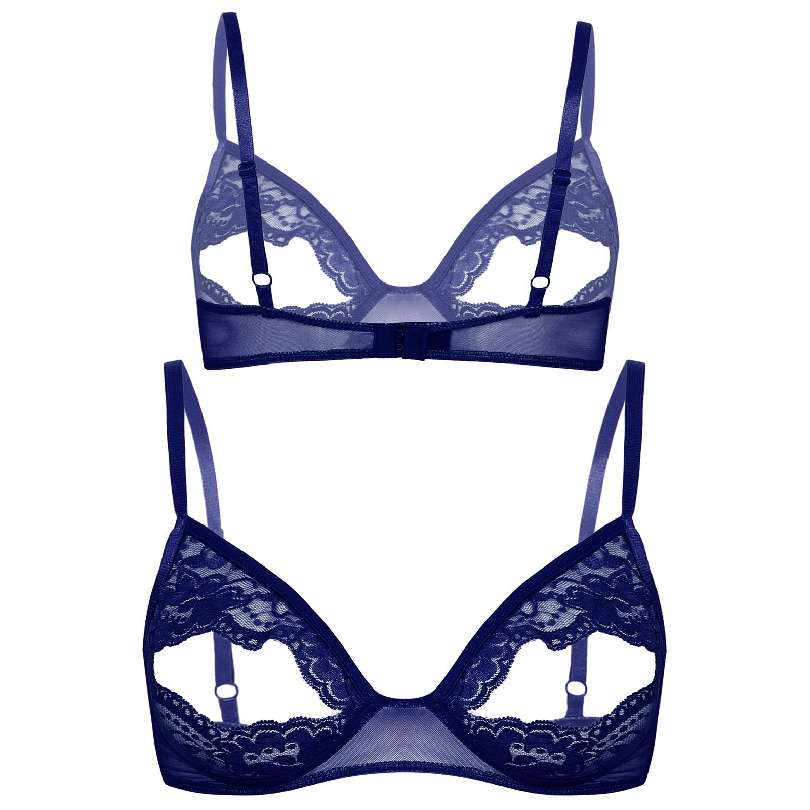

Жіноча нижня білизна М’який мереживний бюстгальтер з відкритою чашкою з квітковим малюнком Прозорий нічний одяг без дротів 5XL темно-синього кольору