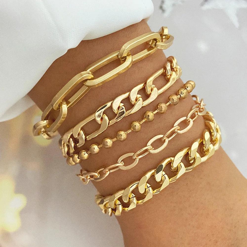 Punk Golden Metal Thick Chain Bracelets for Women Men Pentagram Heart Beads Pendant Charm Bracelet Set Fashion Jewelry
