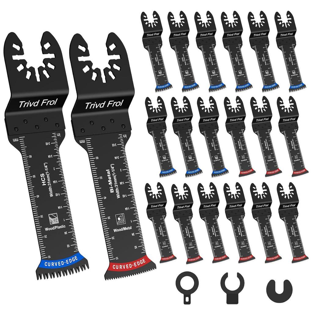 20-Piece Extra Long Oscillating Saw Blades with Arc Edge and Bimetal Japanese Teeth for Precise Wood and Plastic Cutting.
