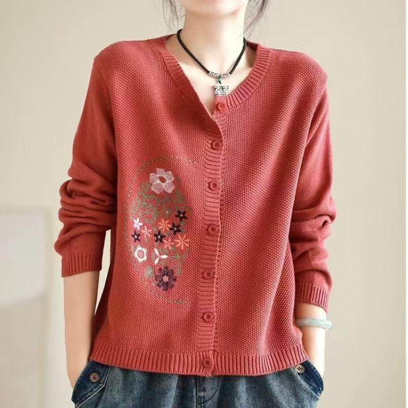 Lila floral bestickter Rundhals-Strickcardigan mit langen Ärmeln für Damen
