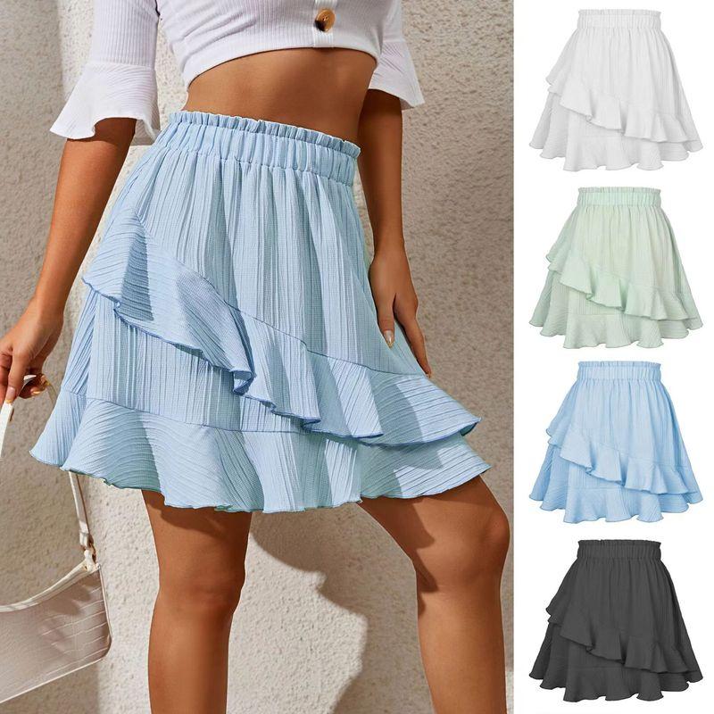 Fashion Style Ruffles Skirt High Waist Asymmetrical Pure Color Skirt High Waist Ruffled Skirt