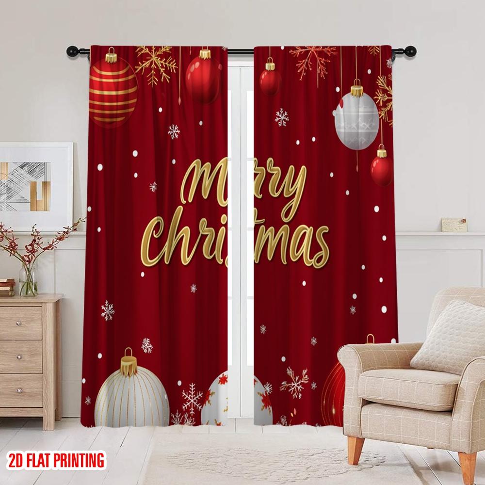 2pcs,2D Plane Printing Curtains Digital Printed Christmas Ornaments Snowflakes Merry Polyester Easy Install (without Rod)
