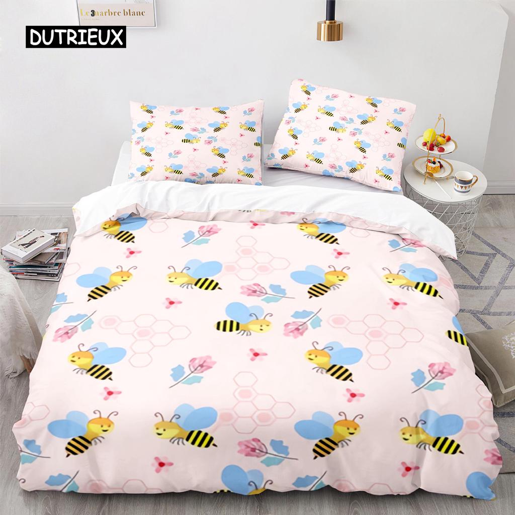 Bienen Bettbezug Set Queen Mikrofaser Floral Bettwäsche Set für Teenager Mädchen Frühling Frisches und Natürliches Thema 2/3 Teile Bettdeckenbezug