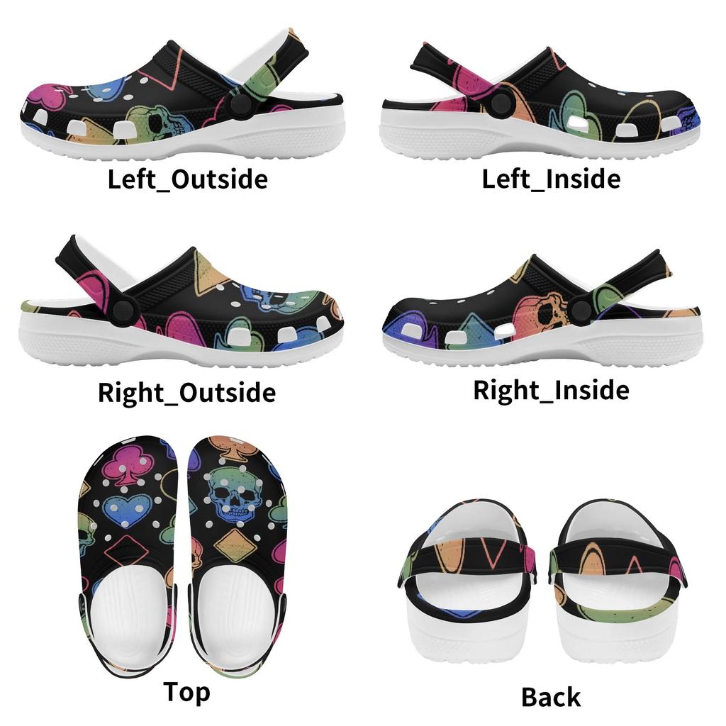 White EVA Clogs with Neon Heart Print, Lightweight Slip On Garden Shoes, Breathable Beach Sandals, Indoor Outdoor Slippers for Men Women