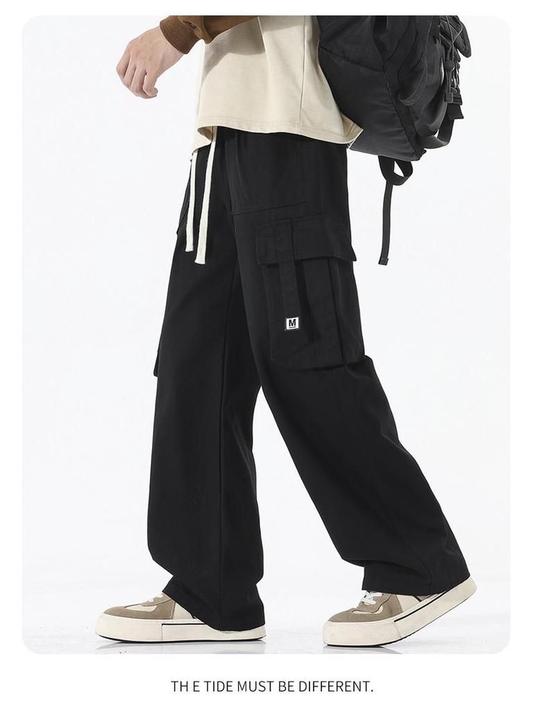 LKTM Men's Retro Multi-Pocket Cotton Drawstring Overalls - Loose Fit Casual Pants