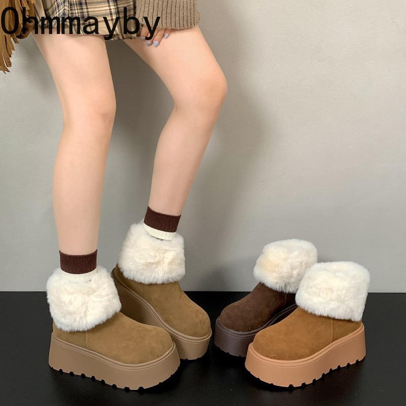 Vintage Plateauabsätze Damen Pelz Schneestiefel Komfort Höhenerhöhung Warmhalten Baumwolle Kurze Stiefeletten Winter Damen Plüschschuhe