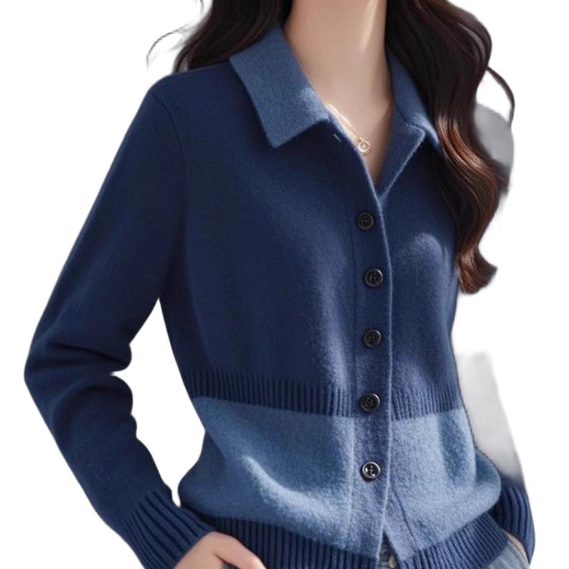 Women's Korean-Style Casual Fashion Stylish Top Patchwork Long-Sleeve Button Versatile Knitwear