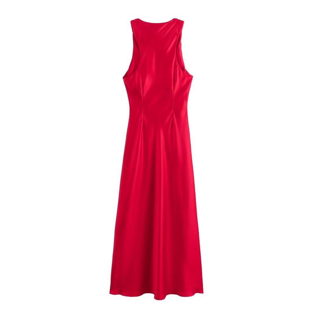 2024 European and American Fashion Black Silk Satin Midi Dress - Round Neck Sleeveless Design