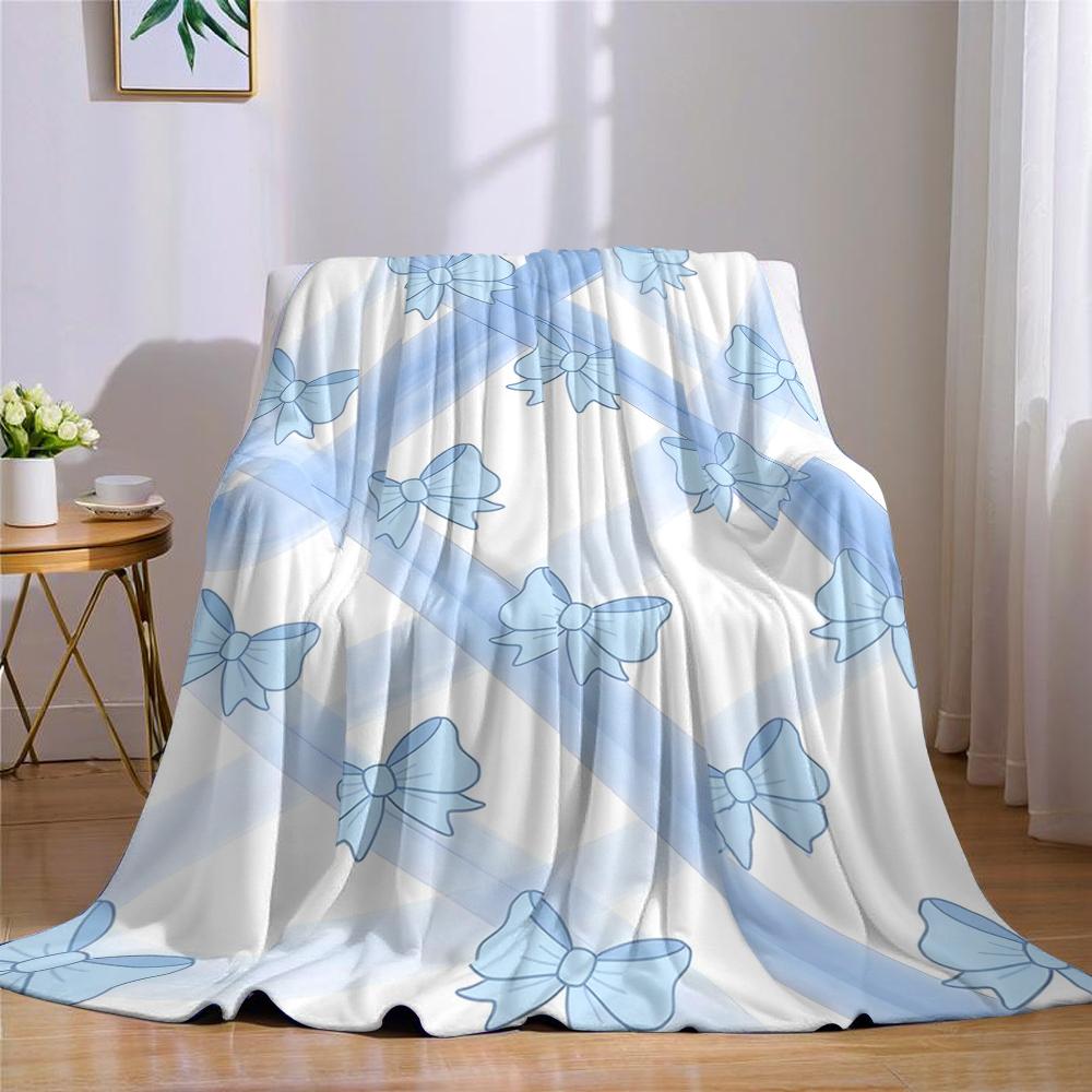 Blue Bows and Ribbons Flannel Blanket Warm Soft Halloween Christmas Couch Warm Cozy Decorative Decor Gift for All Season
