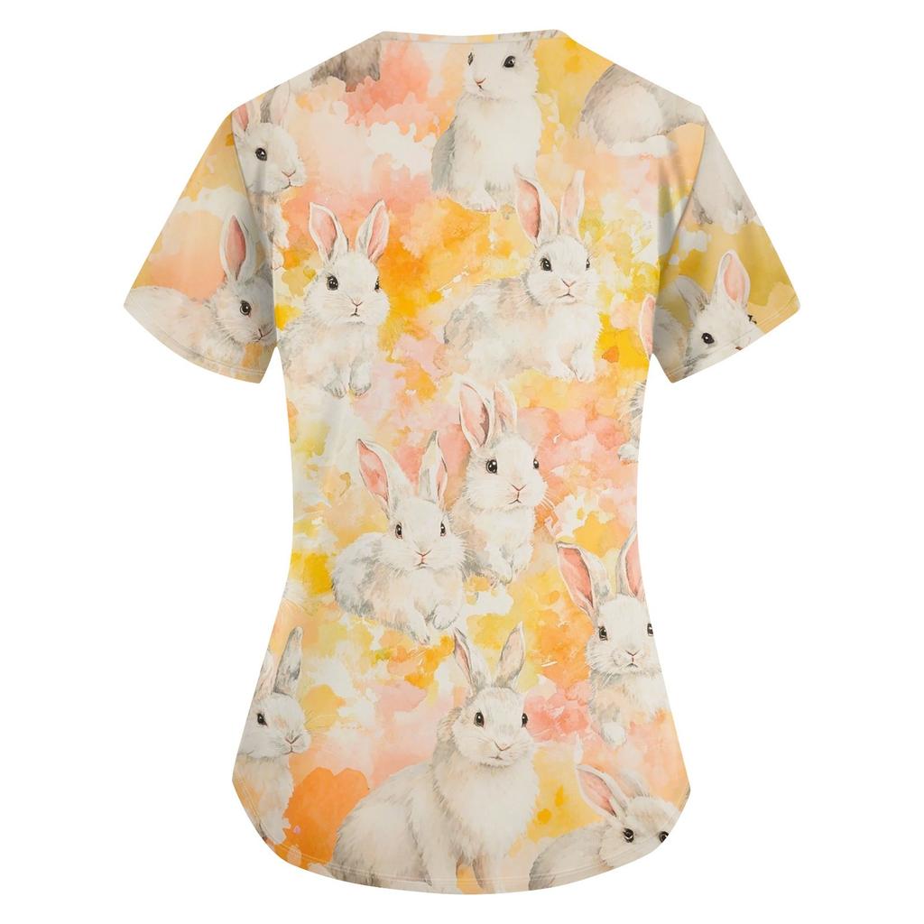 Naiste moodsad V-kaelusega lühikeste varrukatega töörõivad, taskutega, trükitud topid