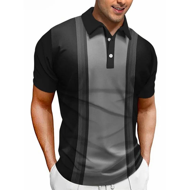 3d Printed Color Striped Polo Shirt, Men's Color Block Pattern Short-sleeved T-shirt, Summer Casual Lapel Top, Large T-shirt