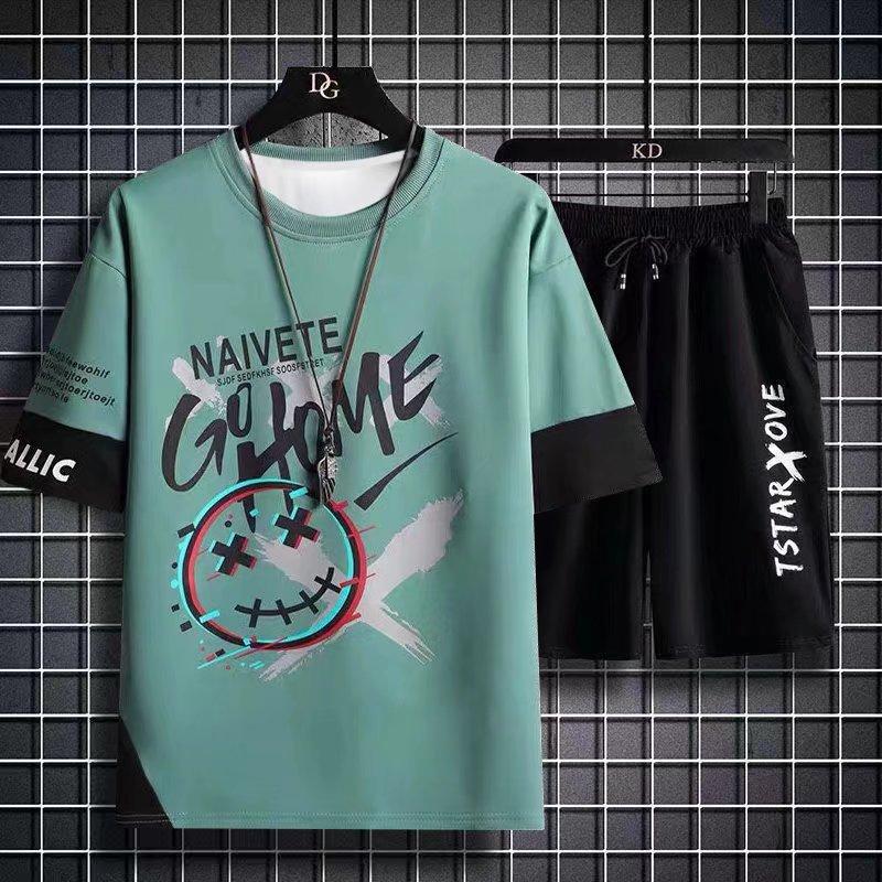 2024 Summer New Fashion Printed Short Sleeve Shorts Sportset Men's Casual Loose Ice Silk Breathable Large Size Two-Piece Set 5XL