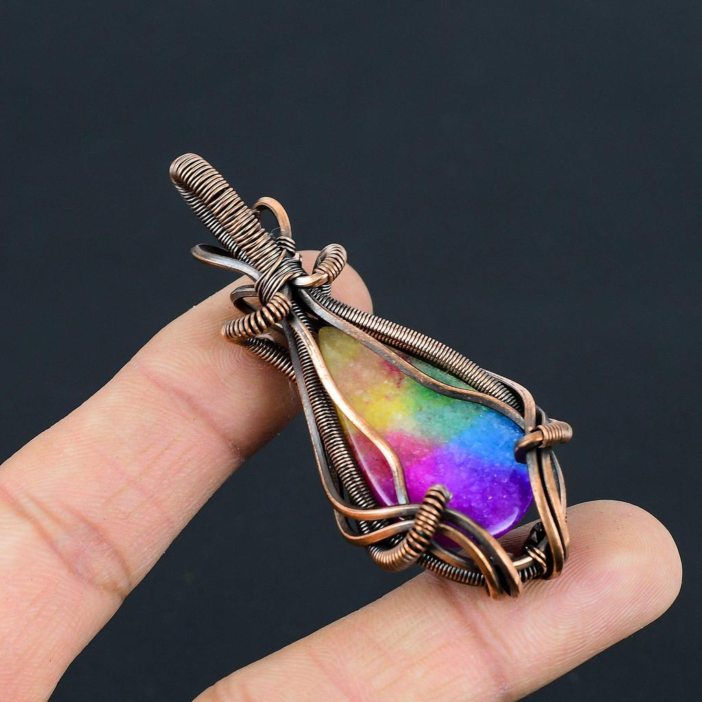 Funkelnder Regenbogen Solarquarz Edelstein Handgefertigter Kupferdraht Wickel Schmuck Anhänger Zum Geschenk