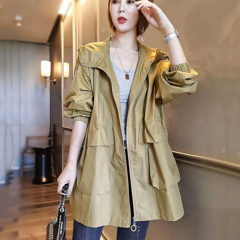Women Windbreaker Coat Spring Autumn Tooling Hooded Mid Loog Outerwear Loose All-Match Female Windbreaker Casual Tops S хаки