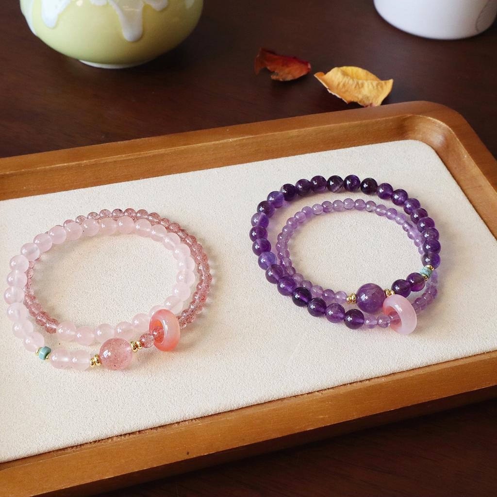 Natural Amethyst Double Circle Bracelet, Female Strawberry Crystal Bracelet. Bangles Women Fashion Jewelry Accessories Gift