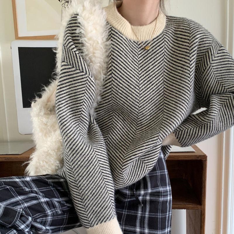 Damen Streifenpullover Herbst und Winter Neues Designgefühl Lockerer und lässiger Stil Strickpullover