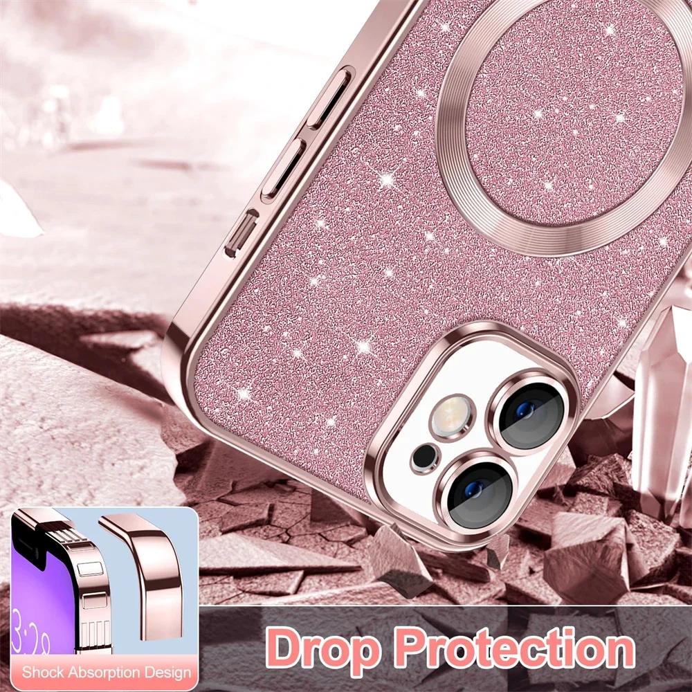 Luxury Electroplate Magsafe Wireless Charge Phone Case For iPhone 15 14 13 12 11 Pro Max XS MAX XR X 8 7 Plus Soft Bumper Glitter Cover