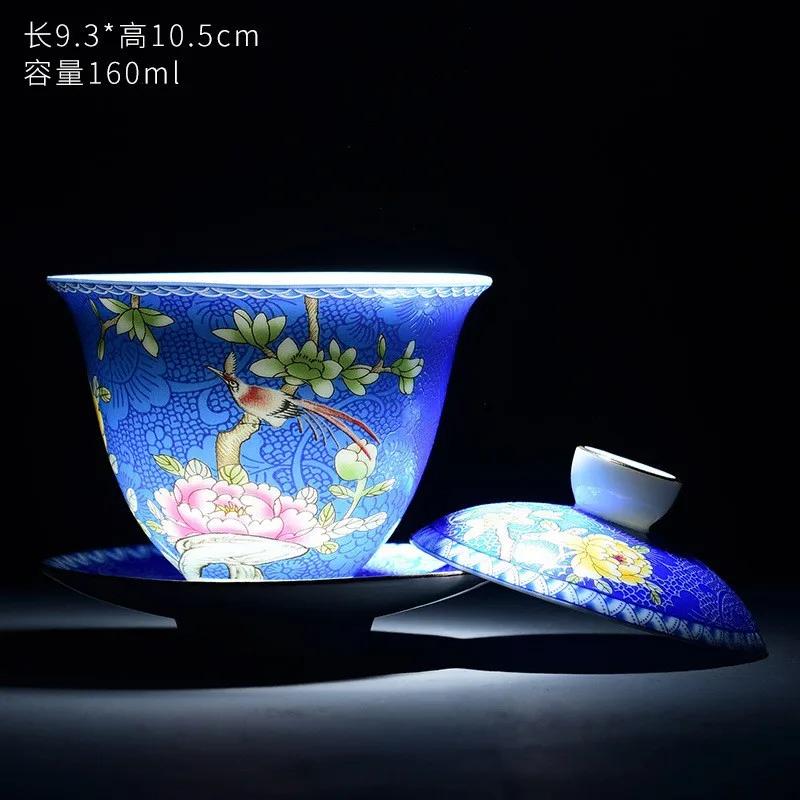 Chinese Kungfu Gaiwan Tea Tureen Intricately Designed Dragon and Phoenix Tea Cups with Elegant Ceramic Color Enamel Teaware