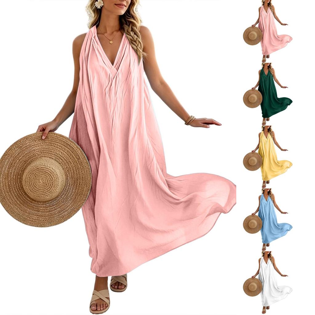 Women Sleeveless Loose Fit Maxi Dress with Pockets Elegant V Neck Solid Casual Long Dress for Summer Beach Holiday