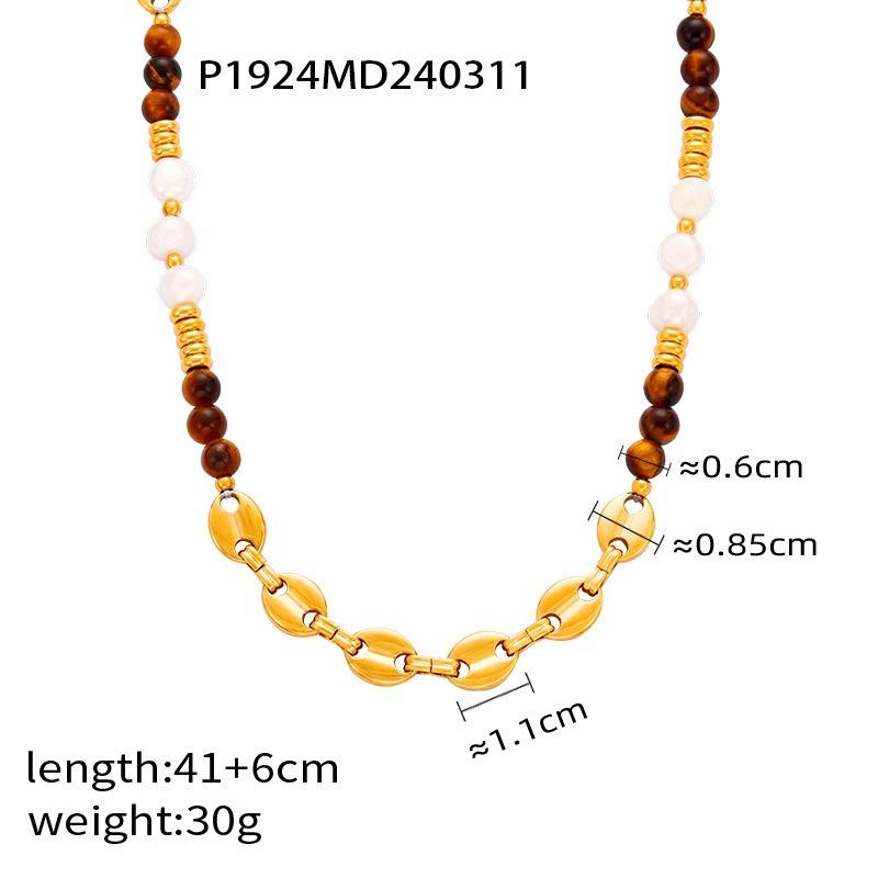 Meier Vintage court style titanium steel gold-plated beaded necklace with natural tiger's eye and freshwater pearls