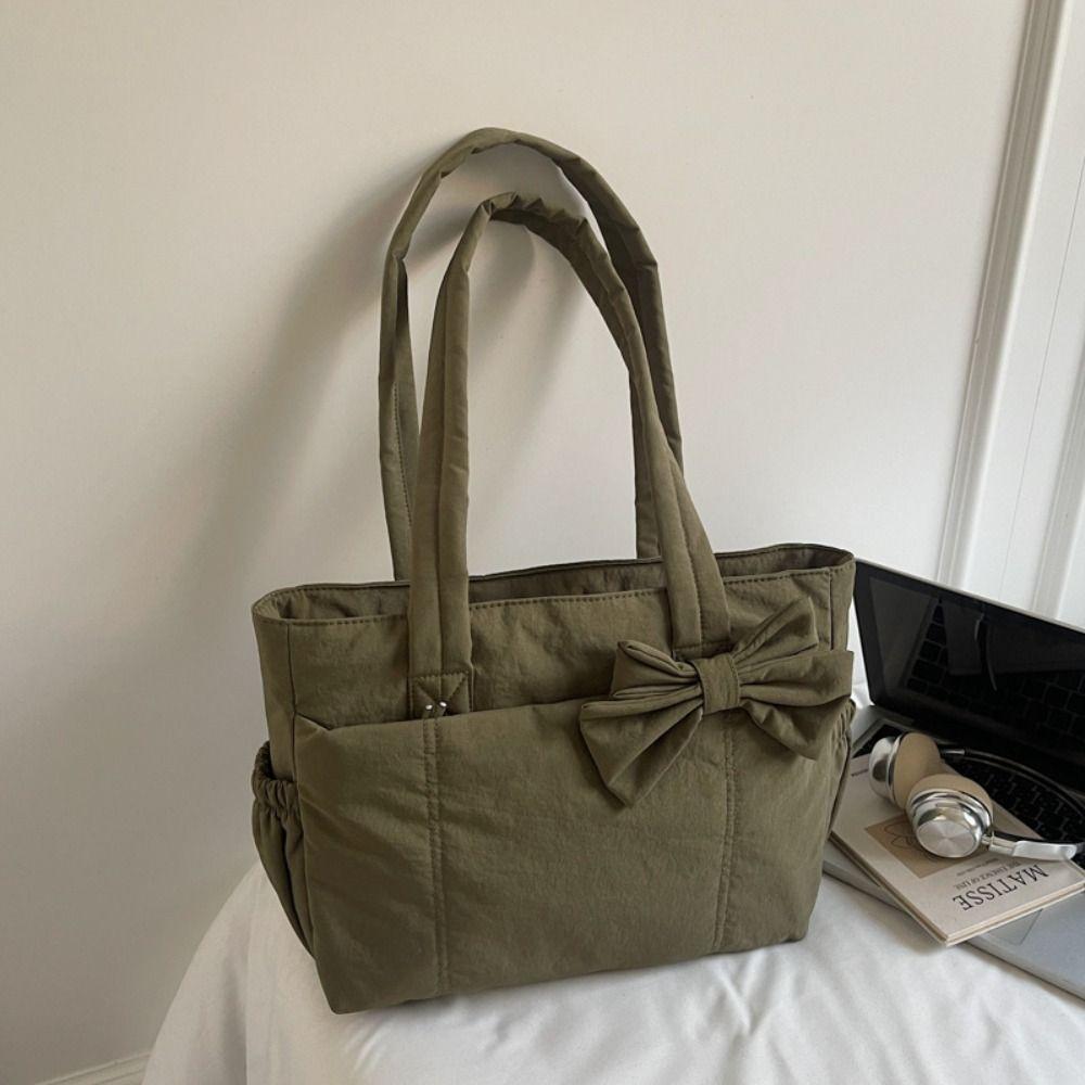 Large Capacity Bow Tote Bag Korean Style Nylon Handbag Cotton Padded Shoulder Bag Office Worker