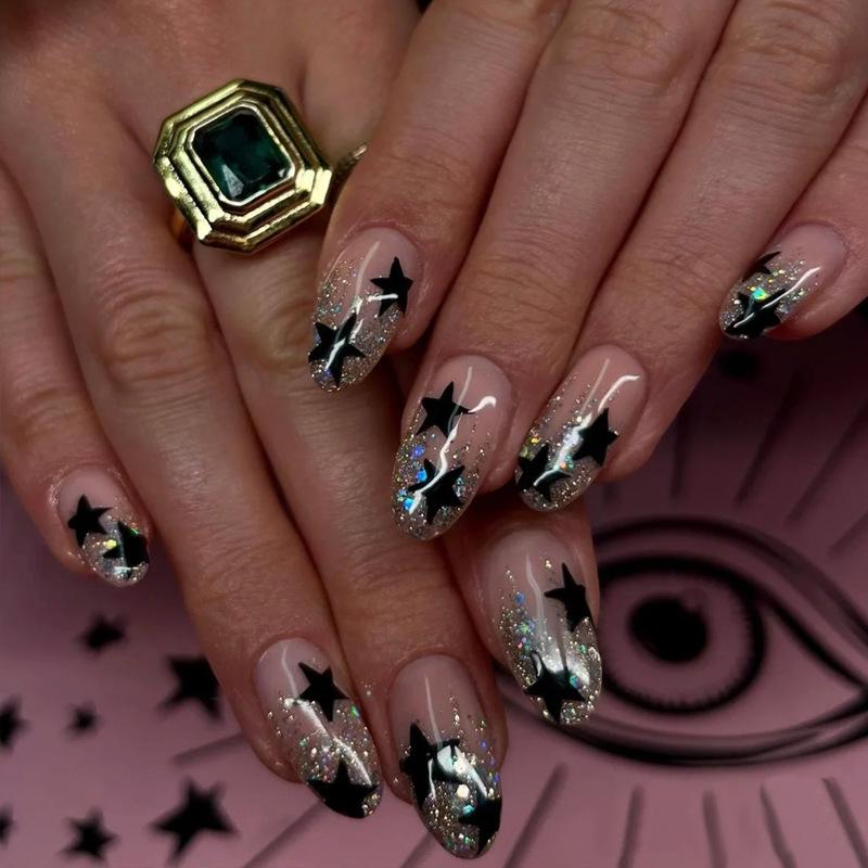 

Star Glitter Short Almond Wearable Nail Art: 24 Removable Pieces Nail Glue