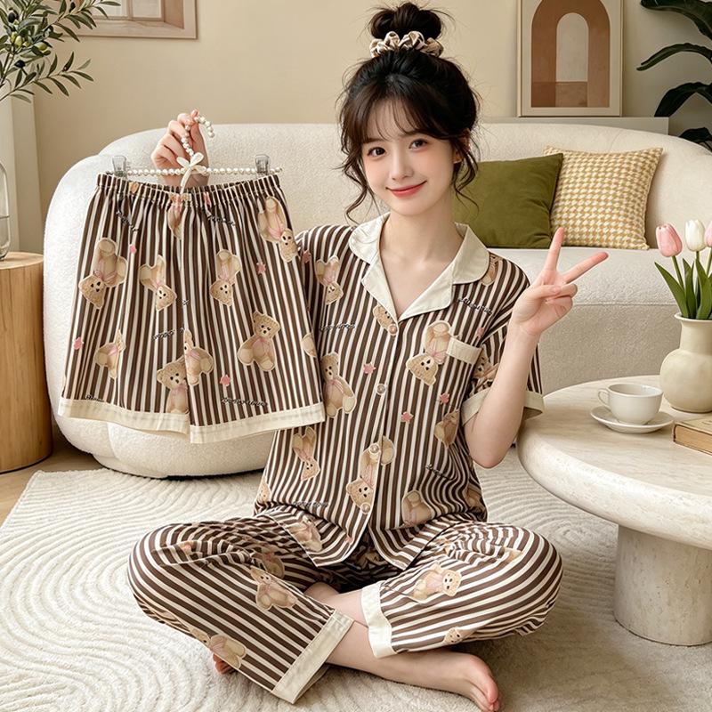 Leopard Print Love Heart Short Sleeve Pajama Set: Women's Summer Cloud Cotton Three-Piece Loungewear
