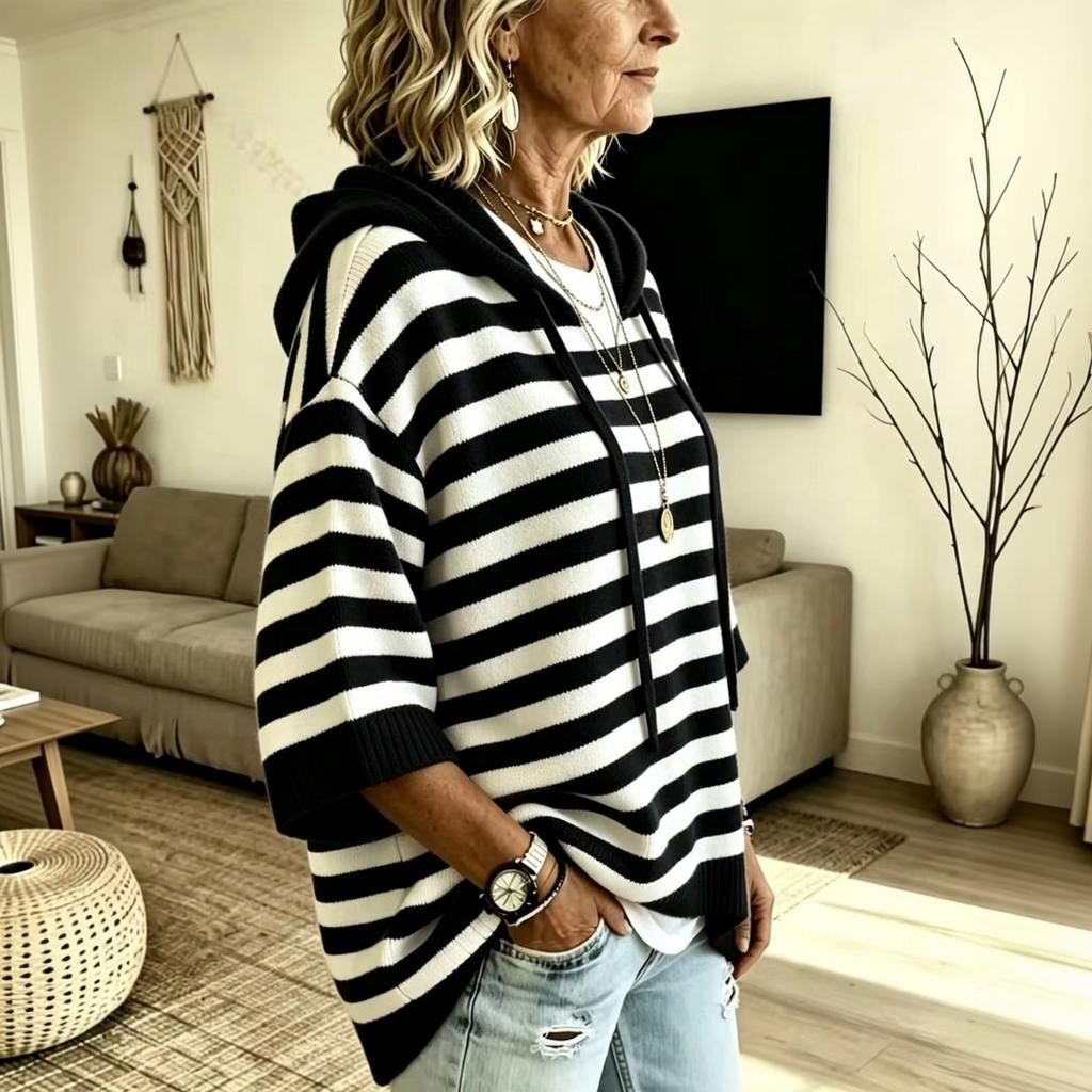 Felpa a righe in maglia da donna con maniche a 3/4, top casual a pullover