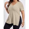Summer Women's T-shirt Solid Colour Plus Size Women's Tops V-neck Pit Stripes Short-sleeved Open Sleeve Pullover T-shirt