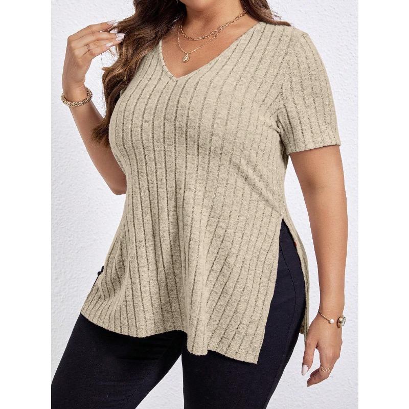 Summer Women's T-shirt Solid Colour Plus Size Women's Tops V-neck Pit Stripes Short-sleeved Open Sleeve Pullover T-shirt