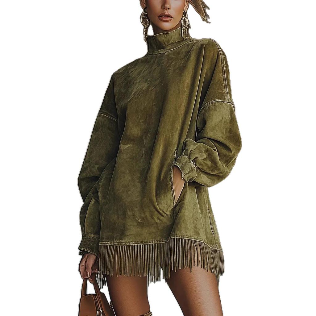 2026 High Neck Suede Dress with Tassels and Pockets