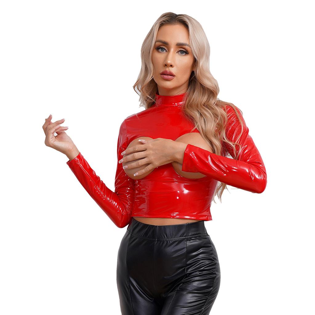 Women's Wetlook Patent Leather Mock Neck Long Sleeve Hollow Out Crop Tops Clubwear