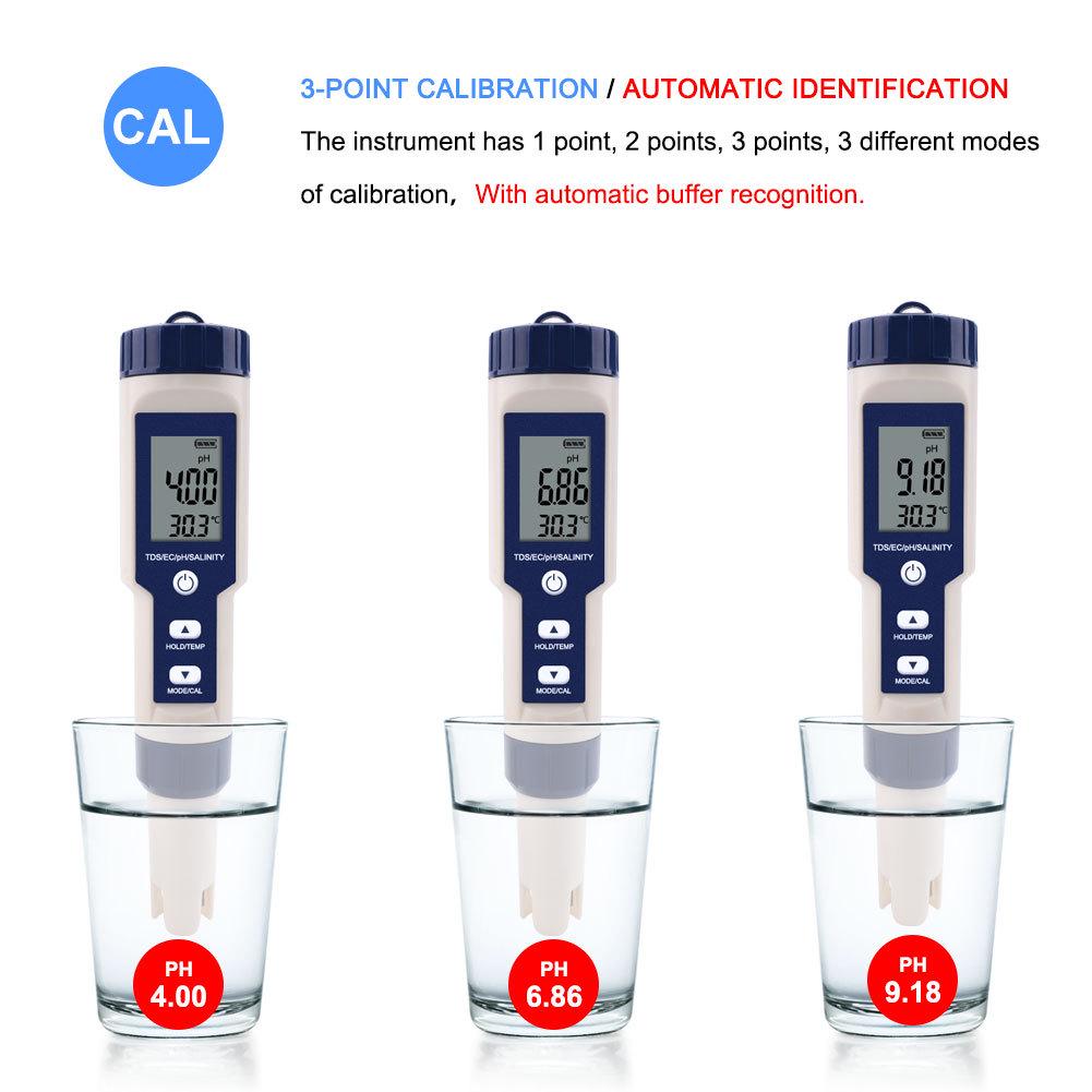 EZ9909PH Five-in-One Water Quality Tester: Tests pH, Salinity, Temperature, TDS, and EC Levels.